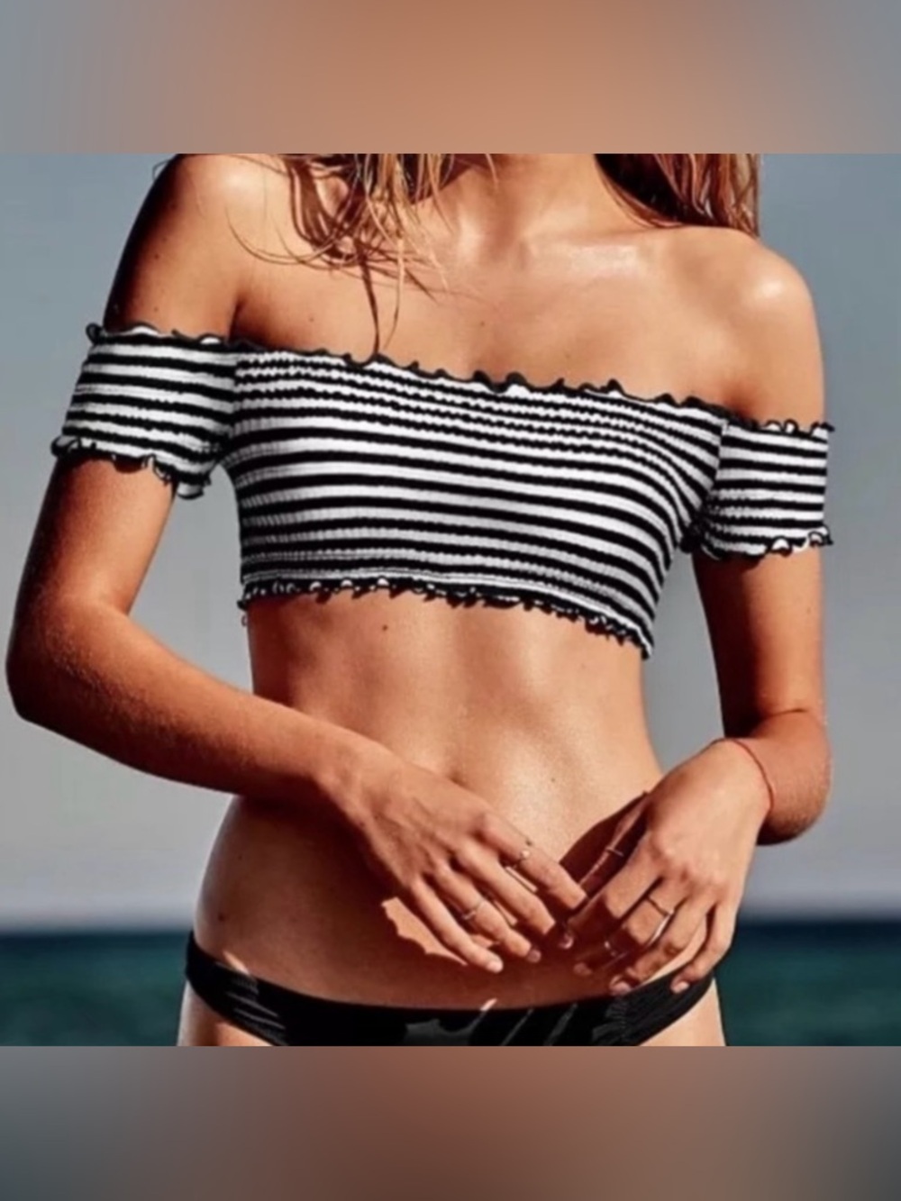 Pink Victoria’s Secret Striped Ruffle Hem Off Shoulder Swim Top In Black/White L